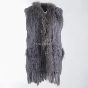 CX-G-B-120C Out Door Fashion V-neck Knitted Real Rabbit Fur Vest with Fringes