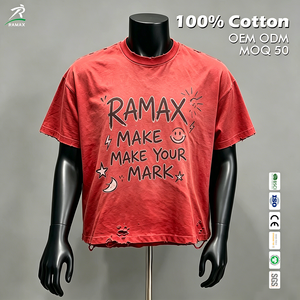 เสื้อยืดโอเวอร์ไซส์ RAMAX สำหรับผู้ชาย ผ้าฝ้าย 100% พิมพ์ลายตัวอักษร ขอบดิบแบบดิสเทรส สไตล์ลำลอง สตรีทแวร์ คอกลม แขนสั้น - Product Image 1
