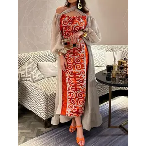 Custom OEM Arab Kuwait Party Cross halter neck off shoulder stitching color printed kaftan dress