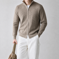 Usine de tricotage sur mesure OEM ODM, fournisseur en gros de cardigan en tricot nid d'abeille à fermeture éclair de couleur taupe pour hommes