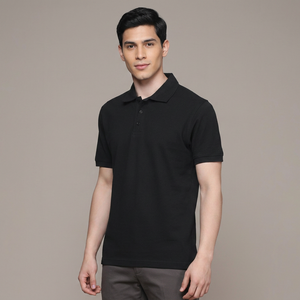 เสื้อโปโลแขนสั้นสีดำสำหรับผู้ชาย ผ้าฝ้ายอ๊อกซ์ฟอร์ด สีพื้น สวมใส่สบาย ทรงปกติ ดีไซน์กระดุม - Product Image 1