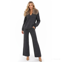 Ensemble deux pièces de luxe pour femme, pull en laine tricoté à col en V et pantalon, fourrure de renard véritable, motif uni, décontracté, automne/hiver, longueur complète