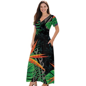 Vestido Maxi Casual de Manga Corta con Cuello en V y Estampado de Flores Polinesias y Aves del Paraíso, Hecho a Medida, en Oferta - Product Image 1