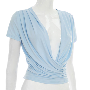 Viviblook Y26TP230 Camiseta Casual de Verano para Mujer, Nueva Moda, Color Sólido, Manga Corta, Sexy, Cuello Cruzado, Top de Manga Corta - Product Image 3