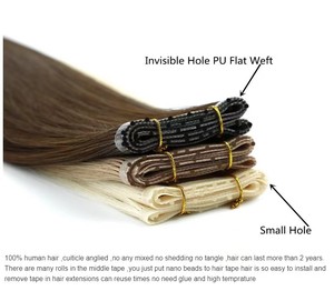 Extensiones de trama de PU con agujero de cabello humano Remy de cutícula virgen delgada dibujada doble invisible - Product Image 3