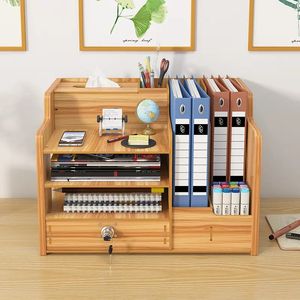 Organisateur de bureau multifonctionnel à 4 niveaux en bois, boîte de rangement pour fournitures, plateau de classement de bureau avec tiroir - Product Image 3