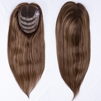 Topper en dentelle à nœuds simples, cheveux vierges européens Remy, couleur personnalisable marron balayage, base en soie, texture naturelle droite, longueur moyenne