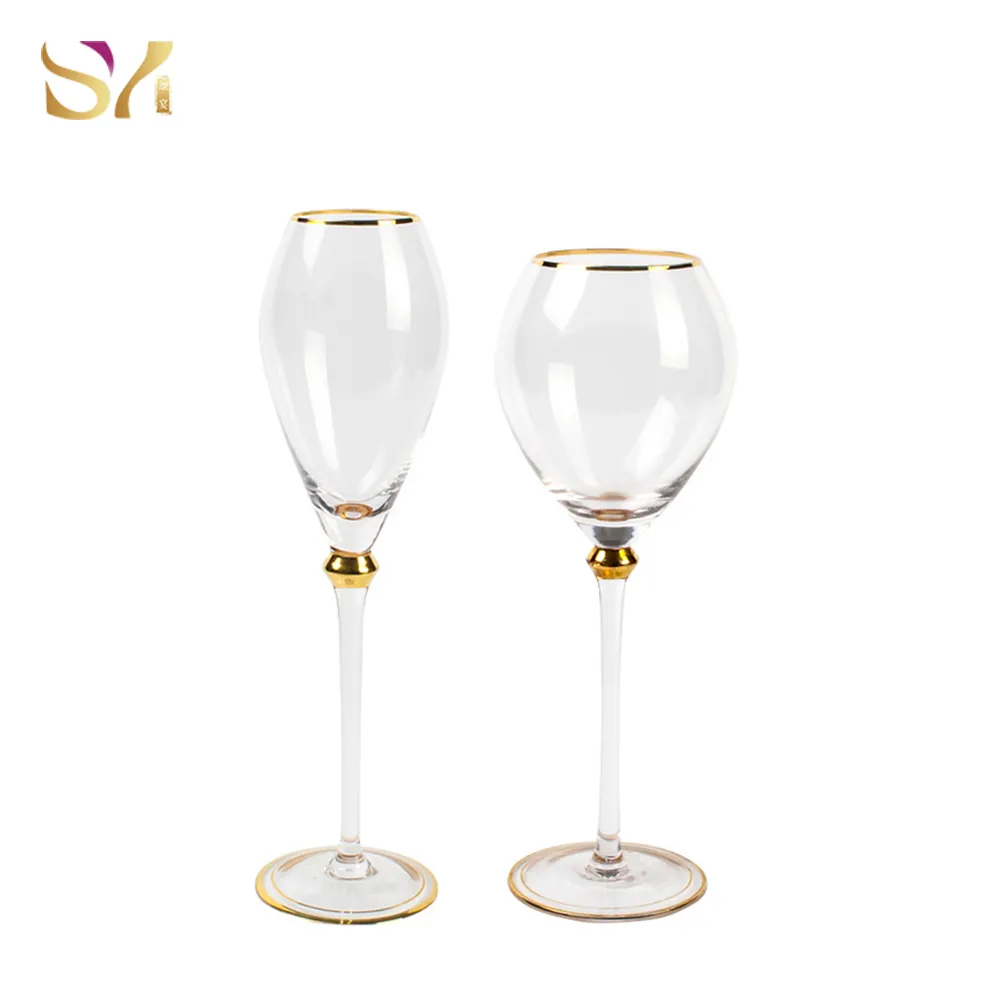 Wholesale Luxury Vintage Red Wine & Champagne Glasses Set Personalized Crystal Glass with Gold Rim Lead-Free for Weddings