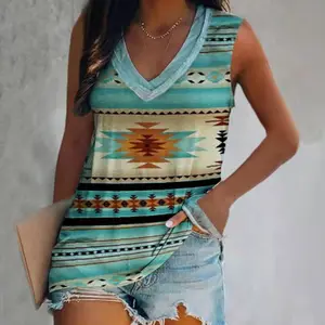 Pengiriman gratis kaus wanita tanpa lengan leher-v motif cetak Aztec kasual kaus Tank Top wanita Aztec