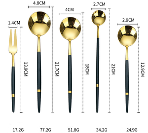 Ensemble de couteaux, fourchettes et cuillères de luxe en acier inoxydable poli or mat durable de 5 pièces du Portugal avec bande dorée et poignée verte pour mariage - Product Image 3