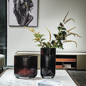 Decoración para el Hogar, Obra de Arte Grande para Mesa, Color Rojo Vino, Florero de Vidrio Acanalado Estilo Terrario - Product Image 5