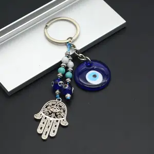 Mode Lucky Turkse Evil Eye Kralen Metalen Autosleutel Hanger Voor Mannen Vrouwen Blue Eye Fatima Hand Charm Trinket Key sleutelhanger