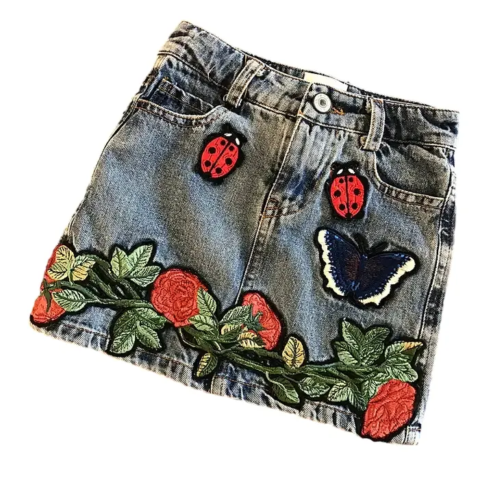 Mommy and Me Cotton Washed Embroidered Patches Butterfly Ladybug Flowers Girls Denim Skirt