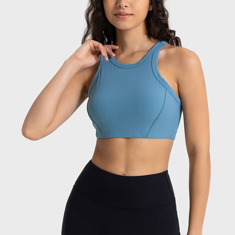DAW057 Vertical Rib High Neck Skin-friendly I Shaped Beauty Back Sports Bra With Padded High Strength Shock-proof Underwear