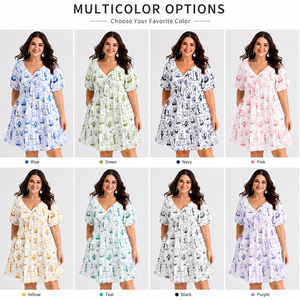 Vestido Mini con Estampado Náutico de Talla Grande, Cuello en V, Escote con Lazo, Manga Abullonada, Vestido Casual de Verano para Mujeres Curvilíneas - Product Image 2