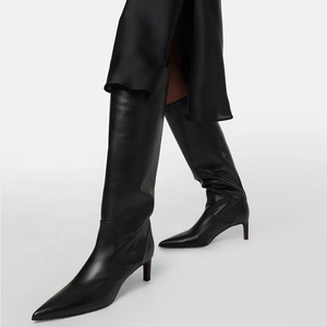Large Size 46 Solid Wide Fit Women's Knee High Boots Ladies Low Heels <b>Shoes</b> Pointed Toe on Long Booties - Product Image 1