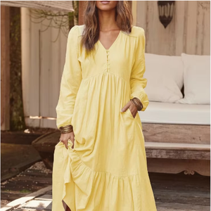 Abito Bohémien da <span class=keywords><strong>Donna</strong></span> con Bottoni, Plissettato, a Maniche Lunghe, Casual, <span class=keywords><strong>Taglie</strong></span> Forti, con Cintura - Set Abito Bohémien - Product Image 2