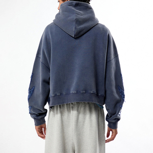 KingSen OEM <b>Men's</b> Vintage Washed Boxy Cropped <b>Pullover</b> Hoodie Oversized Heavyweight Cotton Distressed Applique Studs Streetwear - Product Image 5