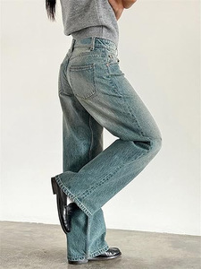 Pantaloni Casual in stile retrò americano da donna nuova vita autunnale a vita media senza elastico <span class=keywords><strong>Jeans</strong></span> dritti da strada alla moda Denim a <span class=keywords><strong>gamba</strong></span> <span class=keywords><strong>larga</strong></span> - Product Image 4