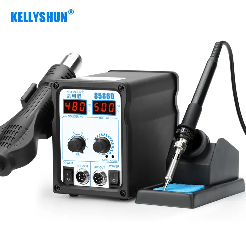Kellyshun Professional 2-in-1 Digital Soldering Station 8586D Hot Air Rework Infrared CPU Desoldering with 220V Voltage