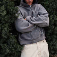Sweat-shirt à capuche court déstructuré avec logo personnalisé, effet délavé et usé, fermeture éclair intégrale, coutures courbées, style streetwear avant-gardiste, ODM OEM