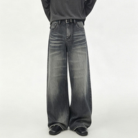 Pantalon en jean noir et gris style rétro américain, coupe ample, épais, délavé, effet usé, tendance, décontracté, jambe droite et large