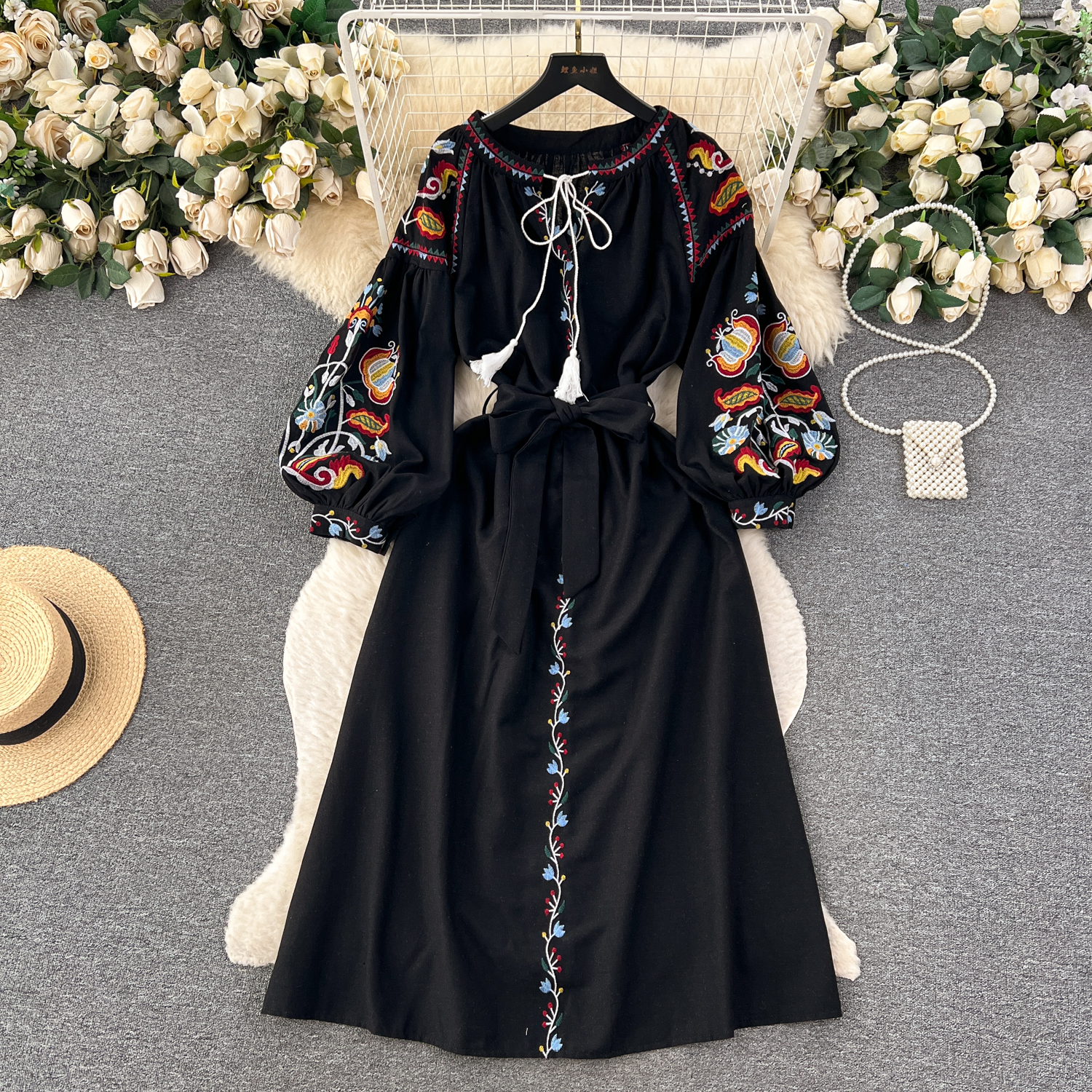 Autumn Vintage Tunic Midi Dress - Puff Sleeve Empire Embroidery