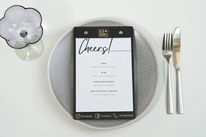 Menu en bois noir rétro de luxe léger, logo personnalisé, panneau doré, menu en bois A5 fixé avec un support à vis pour les cafés et les bars - Product Image 5