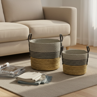 Panier de rangement moderne en jonc de mer naturel tressé, écologique, avec détails en corde plastique, décoratif, rond, pour la maison, B&L BL25077