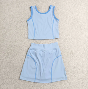 Ensemble de yoga écologique bleu clair : short et débardeur court à manches courtes taille haute pour enfants, tenue de sport deux pièces pour le tennis et le golf - Product Image 5