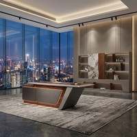Escritorio Ejecutivo Moderno de 2400 mm con Iluminación LED Inteligente, Chapa de Madera de Cristal, MDF E1, Mesa de Lujo para Directores