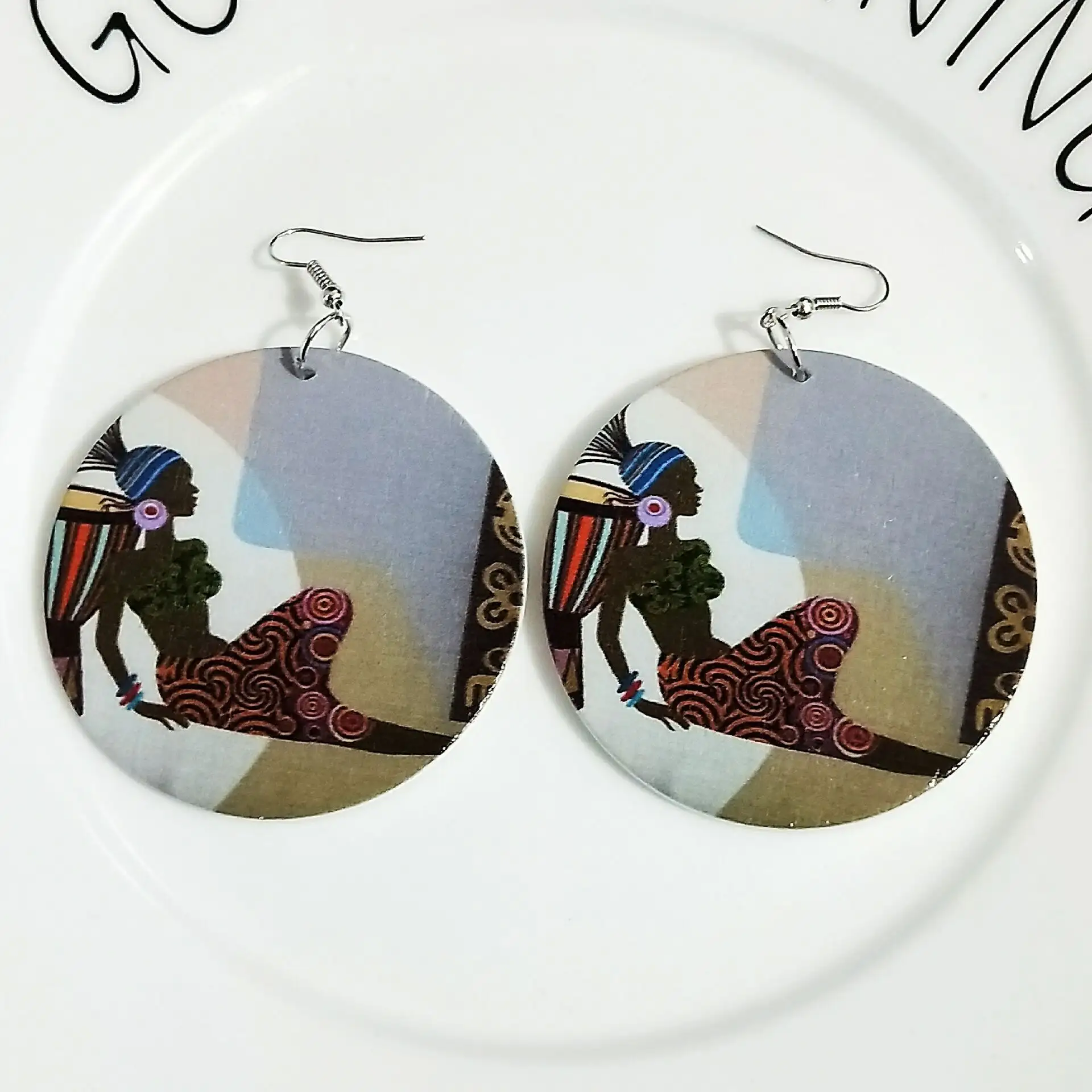 2020 Newest Ethnic African Black Woman Art Wooden Drop Earrings Afrocentric Natural Hair Double Sides Printed Wood Earring