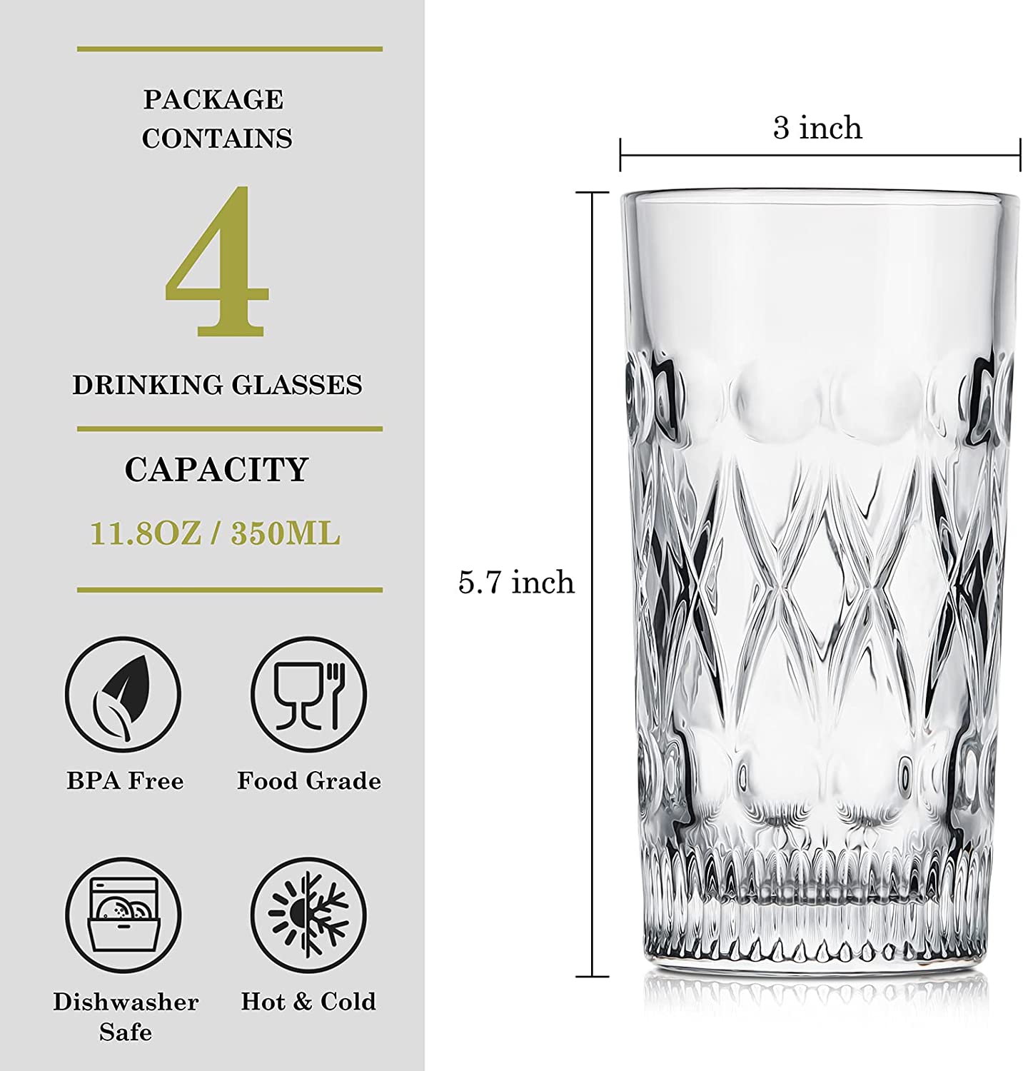 Drinking Glasses Water Glass Crystal Highball Clear Tall Heavy Base Glassware 11.8OZ