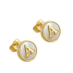 2023 fashion jewelry women 18K gold stainless steel initial white shell 26 letters coin stud earrings wholesale