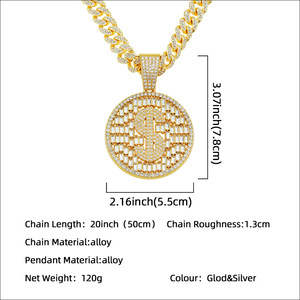Collar con Colgante Grande de Cristal con Símbolo del Dólar Estadounidense, Estilo Hip Hop, con Cadena Cubana de Miami para Hombre y Mujer - Product Image 2