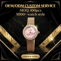 Montre élégante en or rose avec cadran rose, motif fleur de cerisier, index des heures sertis de diamants et bracelet en acier inoxydable maillé, mouvement à quartz