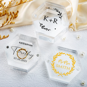 Custom Clear Hexagon Engraved Wedding Ring Bearer Box Jewelry Earring Necklace Box Engagement Ring Gift Acrylic Ring Box