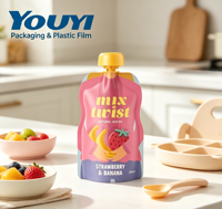 Op maat bedrukte, lekvrije staande pouch met tuit, verpakking van plastic voor vloeibare fruitpuree, sap en saus, met aangepaste vorm