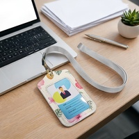 Porte-cartes promotionnel en cuir PU à imprimé floral Hibiscus Plumeria avec fenêtre transparente et cordon de cou