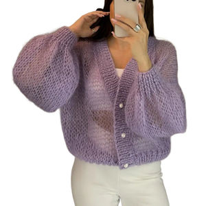 Suéter de <span class=keywords><strong>Mujer</strong></span> de Punto de Malla <span class=keywords><strong>Transparente</strong></span> Delgada Informal a la Moda, Suéter de <span class=keywords><strong>Mujer</strong></span> Personalizado con Cuello en V, de Un Solo Pecho y Hombros Caídos - Product Image 5