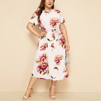Robe d'été 2026 à volants, col rond, imprimée, grande taille