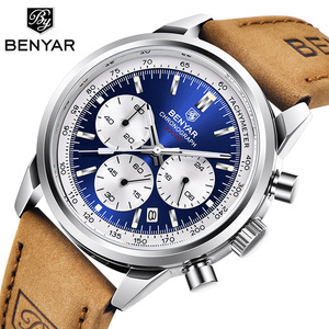 Reloj Cronógrafo para Hombre Benyar, Reloj Deportivo de Cuarzo con Esfera Azul, Correa de Cuero, Resistente al Agua, Luminoso, con Tacómetro - Product Image 1