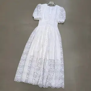 New 2023 Summer Long Dress High Quality Women V-Neck Allover Crochet Lace Embroidery Tunic Button Casual White Pink Maxi Dress