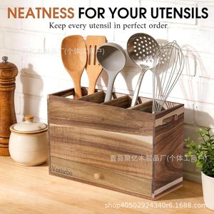 Vorisebo Wooden <b>Kitchen</b> Utensil Rack With Drawer Multifunctional <b>Storage</b> <b>Box</b> For Cooking Tools - Product Image 2