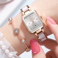 Maßgefertigte Neue Modische Damen-Quarzuhr mit Datumsanzeige, Luxuriöses Diamantbesetztes Quadratisches Gehäuse aus Legierung, Edelstahl-Kunstharz-Armband, Eleganter Zeiger, Kristall