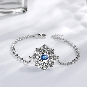 Isunni S925 Sterling Silver Retro Oxydation Design Blue Devil Eye <span class=keywords><strong>Lotus</strong></span> <span class=keywords><strong>Bracelet</strong></span> - Product Image 3
