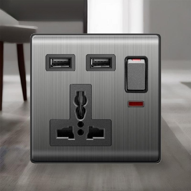 British Standard Stainless Steels Plate Electrical 2 Pin and 3 Pin Socket Universal Wall Socket Type c Usb Wall Socket