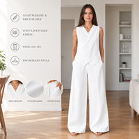 Ensemble deux pièces en lin personnalisé pour femme, gilet blanc sans manches et pantalon large, été, vente en gros, OEM, marque privée, grandes tailles
