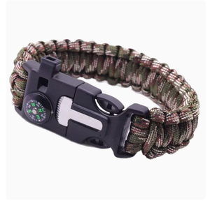 DFB729 Pulsera de cuerda trenzada 5 en 1 para rescate y supervivencia al aire libre para hombres, con silbato, brújula, iniciador de fuego, afilador, cuchillo, hebilla y encendedor. - Product Image 1