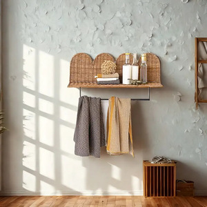 Catsle Handmade Rattan Towel Rack Wall Mounted Bathroom Storage <b>Shelf</b> With <b>Hook</b> For Towels And Accessories 48 In Width - Product Image 2